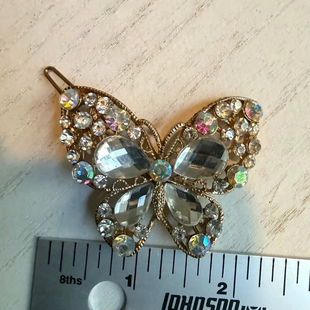 Vintage Gold Tone Rhinestone Butterfly Hair Barrette